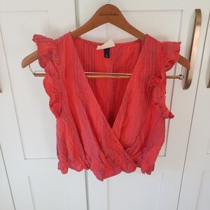 Universal Thread Crop Top Womens M Red Coral Boho Stripes Ruffle Shirt